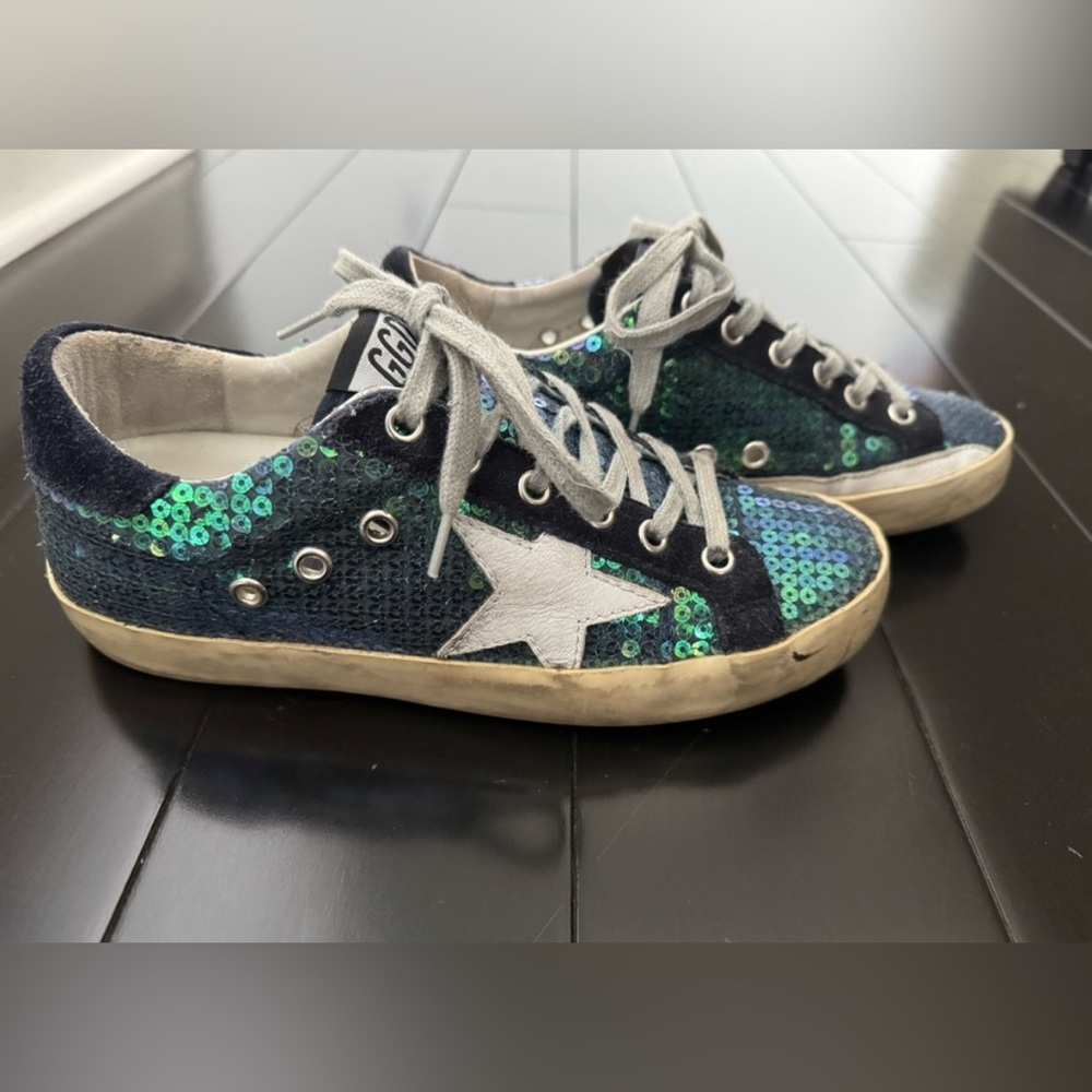 Golden Goose iridescent aqua/ green Super Star sneakers. Size 36